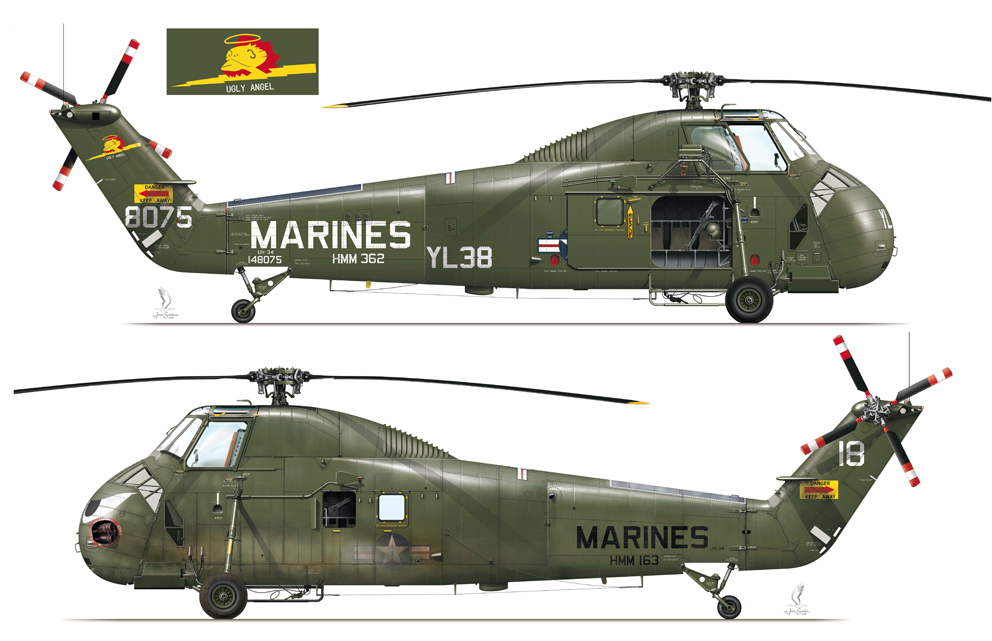 Las ilustraciones corresponden a sendos Sikorsky UH-34D Sea Horse de los escuadrones HMM-362 y HMM-163, respectivamente.